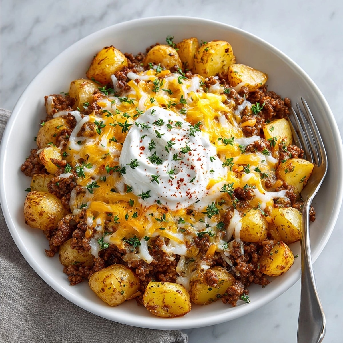 Homestyle Ground Beef and Potatoes Casserole served warm in a dish, creamy and perfectly seasoned.
