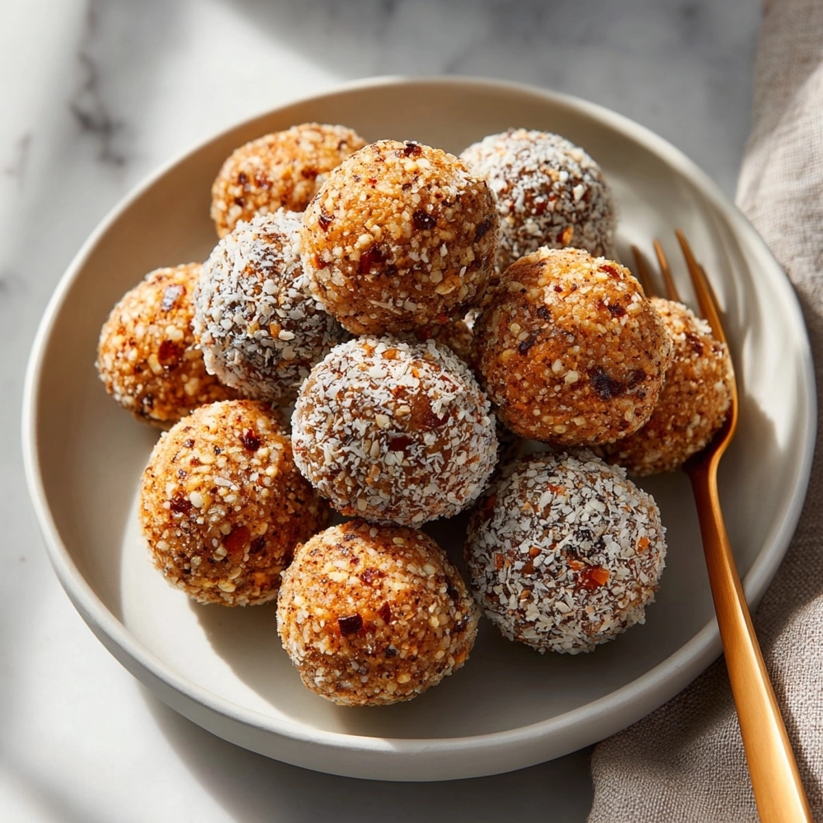 Making no-bake Cinnamon Bun Energy Balls: oats, cashews, and dates being processed for texture.