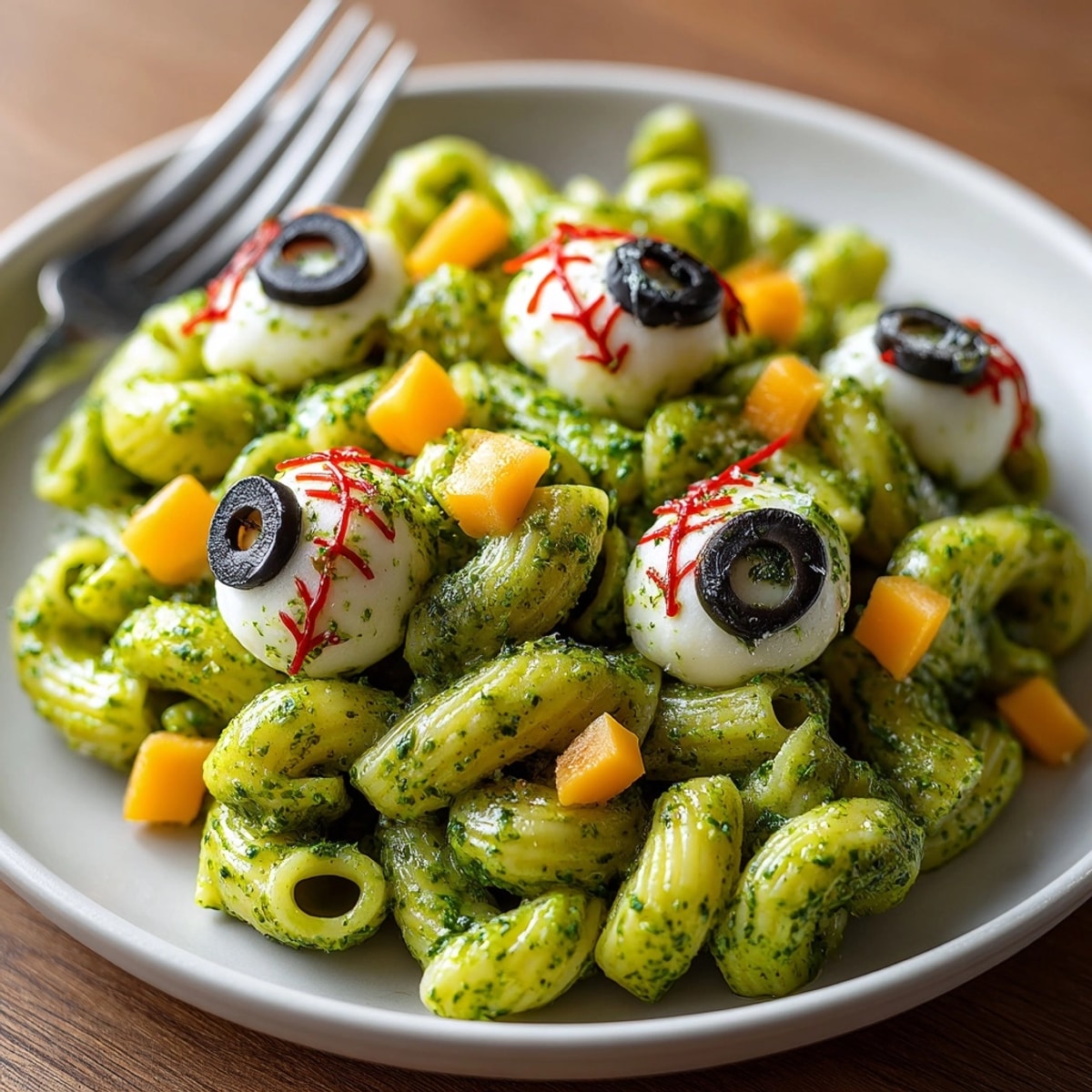 Creamy Green Monster Mac and Cheese ready to serve with spooky mozzarella eyeballs.