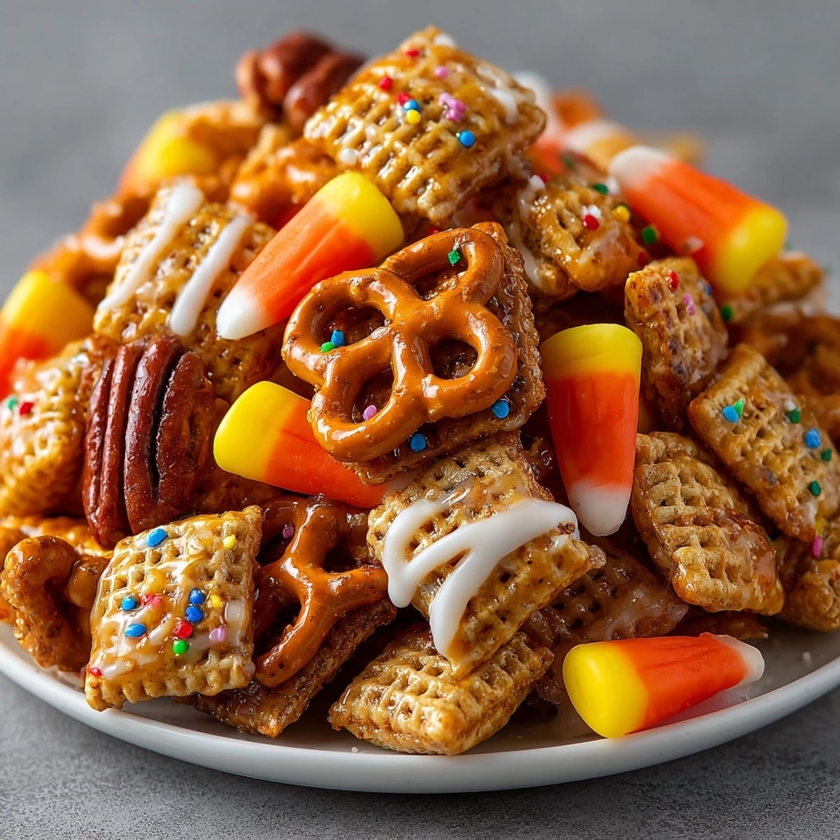 Golden Pumpkin Spice Chex Mix: crunchy cereal, nuts, and pretzels with autumn spices.