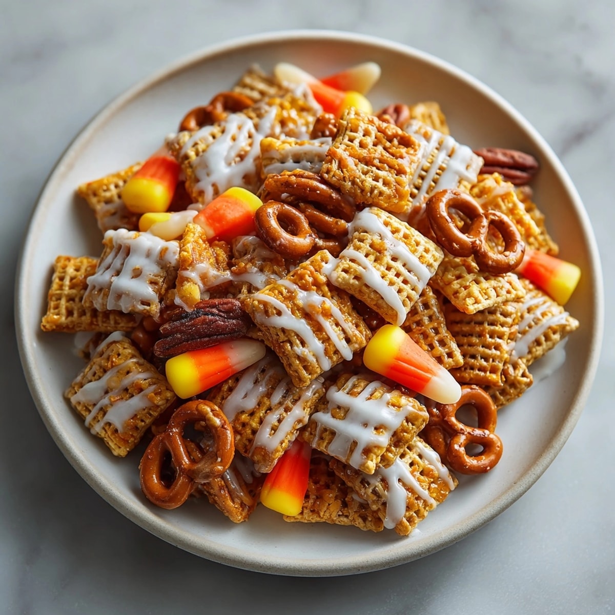 Fragrant Pumpkin Spice Chex Mix snack: sweet, crisp autumn flavors, coated and cooling.