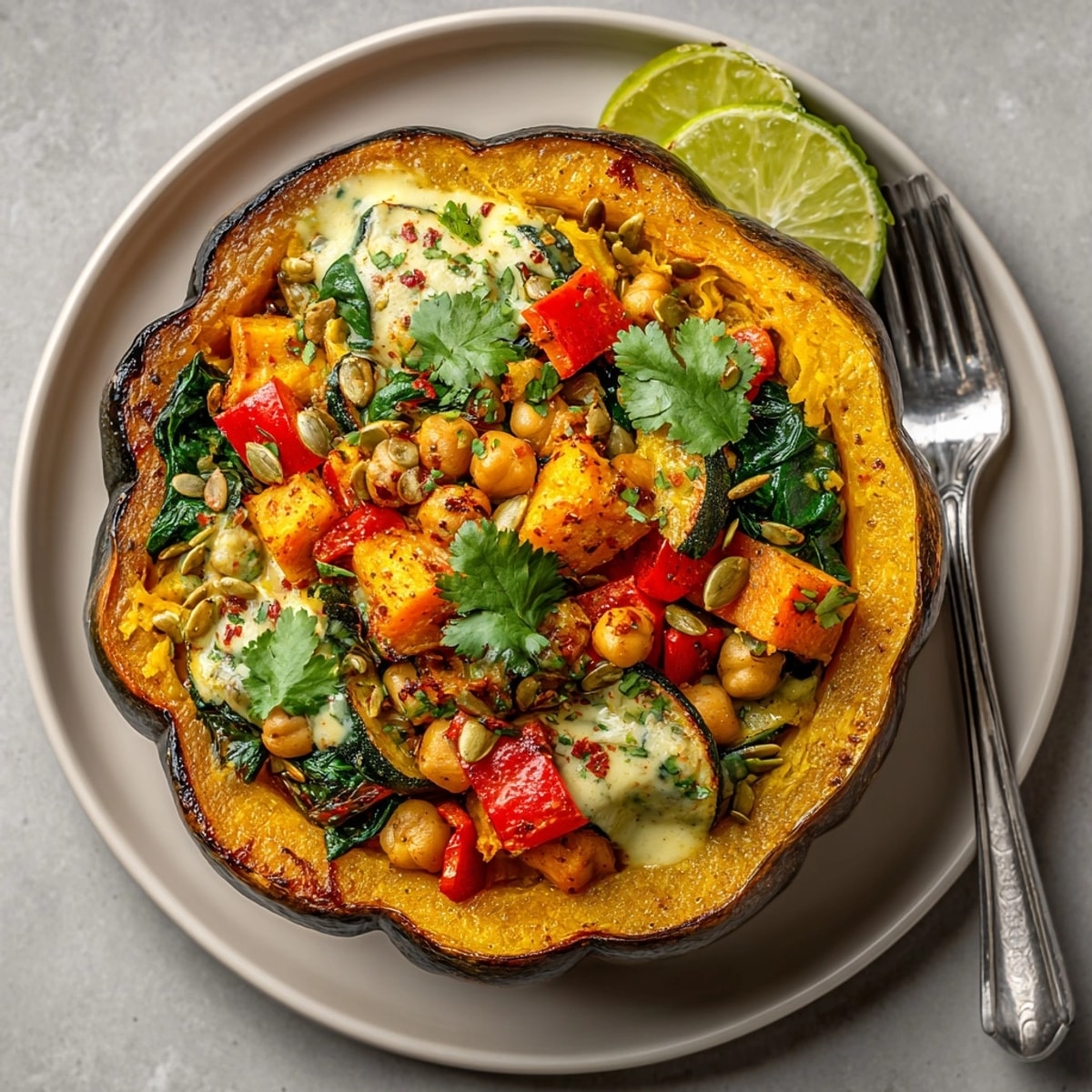 A creamy, spiced Cauldron Curry served hot in a roasted pumpkin bowl.