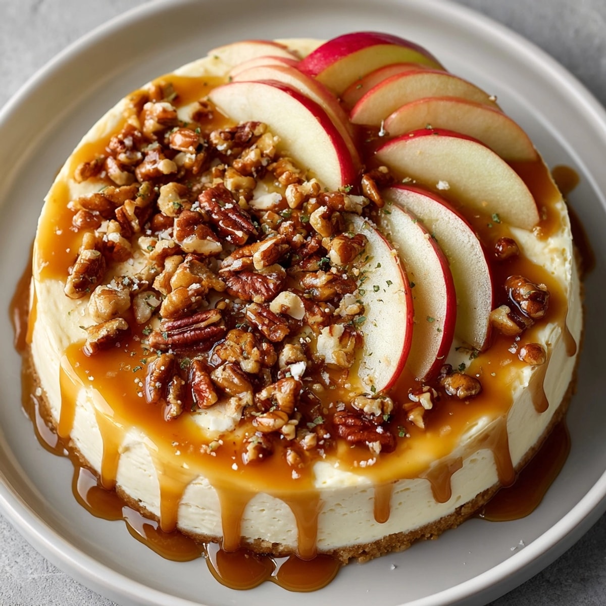 Creamy Caramel Apple Cheesecake Dip, studded with pecans, alongside crisp sliced apples.