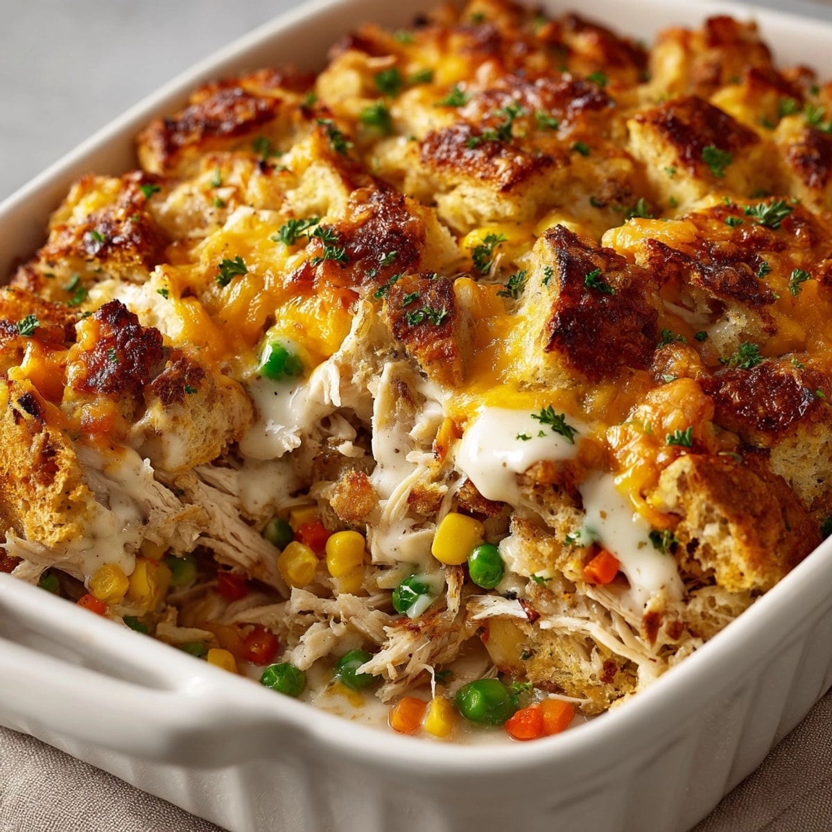 Golden-brown Turkey & Stuffing Leftovers Casserole bubbling hot, ready for serving with warm gravy.