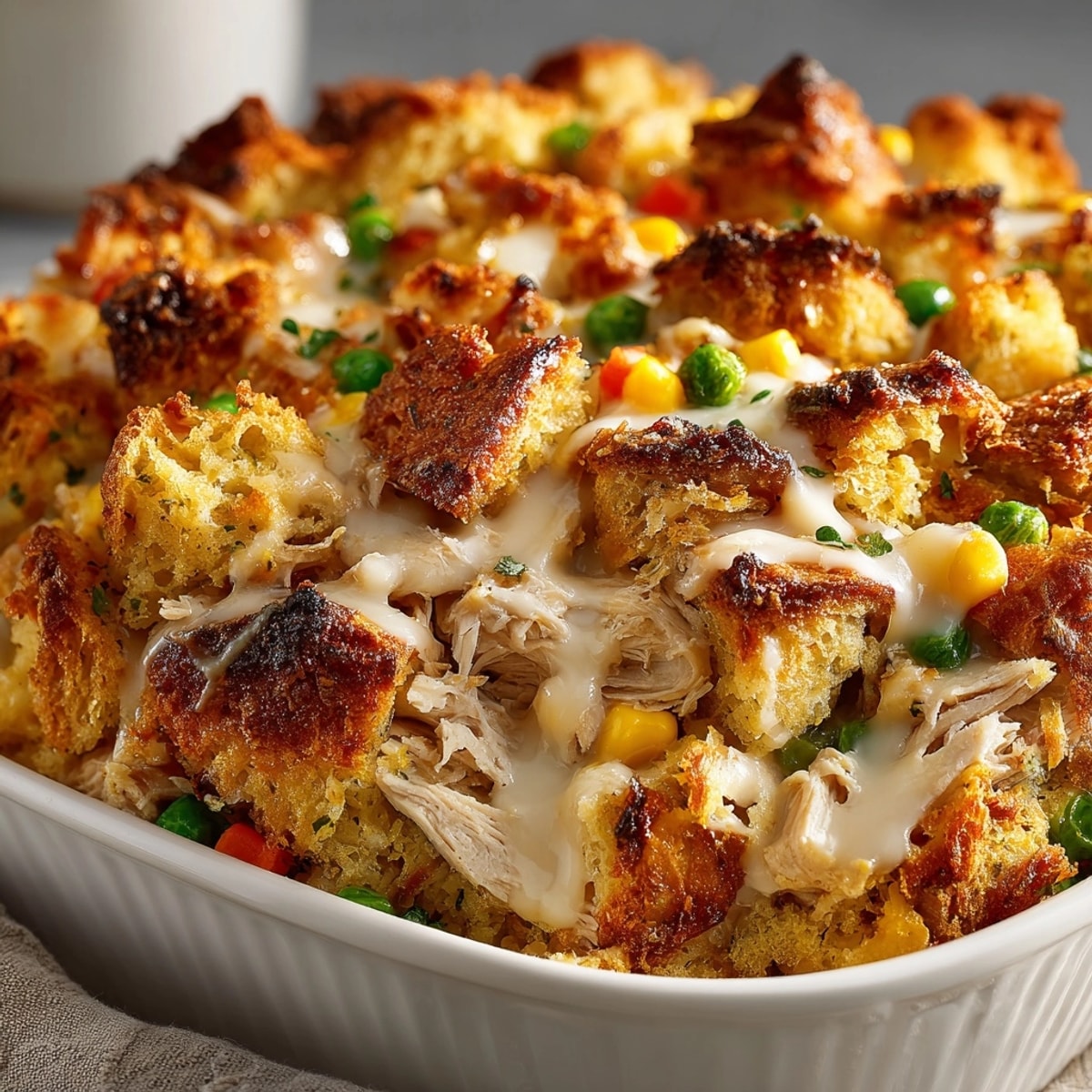 Baking dish filled with cheesy Turkey &amp; Stuffing Leftovers Casserole featuring tender turkey and savory stuffing.