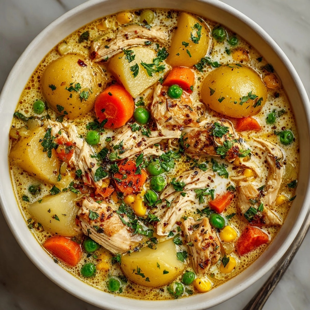 Warm, creamy bowl of Chicken Pot Pie Soup, garnished with parsley, a cozy comfort.