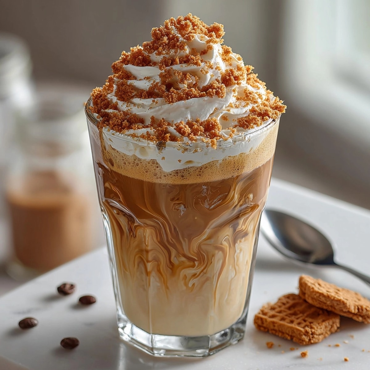 Delicious homemade Iced Biscoff Latte recipe: creamy, cool, and topped with cookie crumbs.