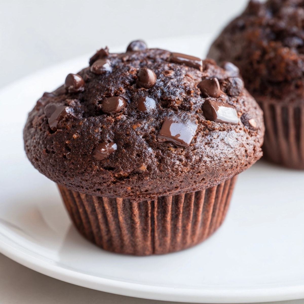 Freshly baked Double Chocolate Muffins, flecked with melted chocolate, cooling on a wire rack.