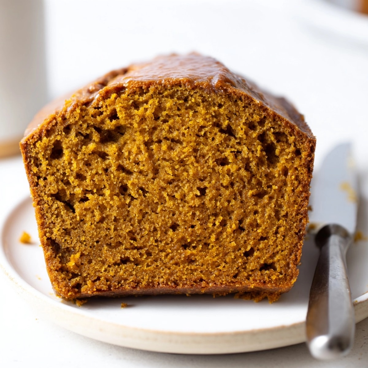 Golden-brown sliced Pumpkin Bread, warm spices wafting; perfect for cozy fall mornings.