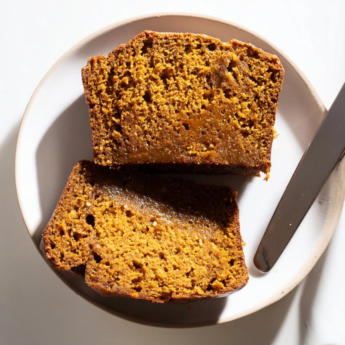 Close-up shot of Pumpkin Bread: moist crumb; nuts and spices; afternoon treat.