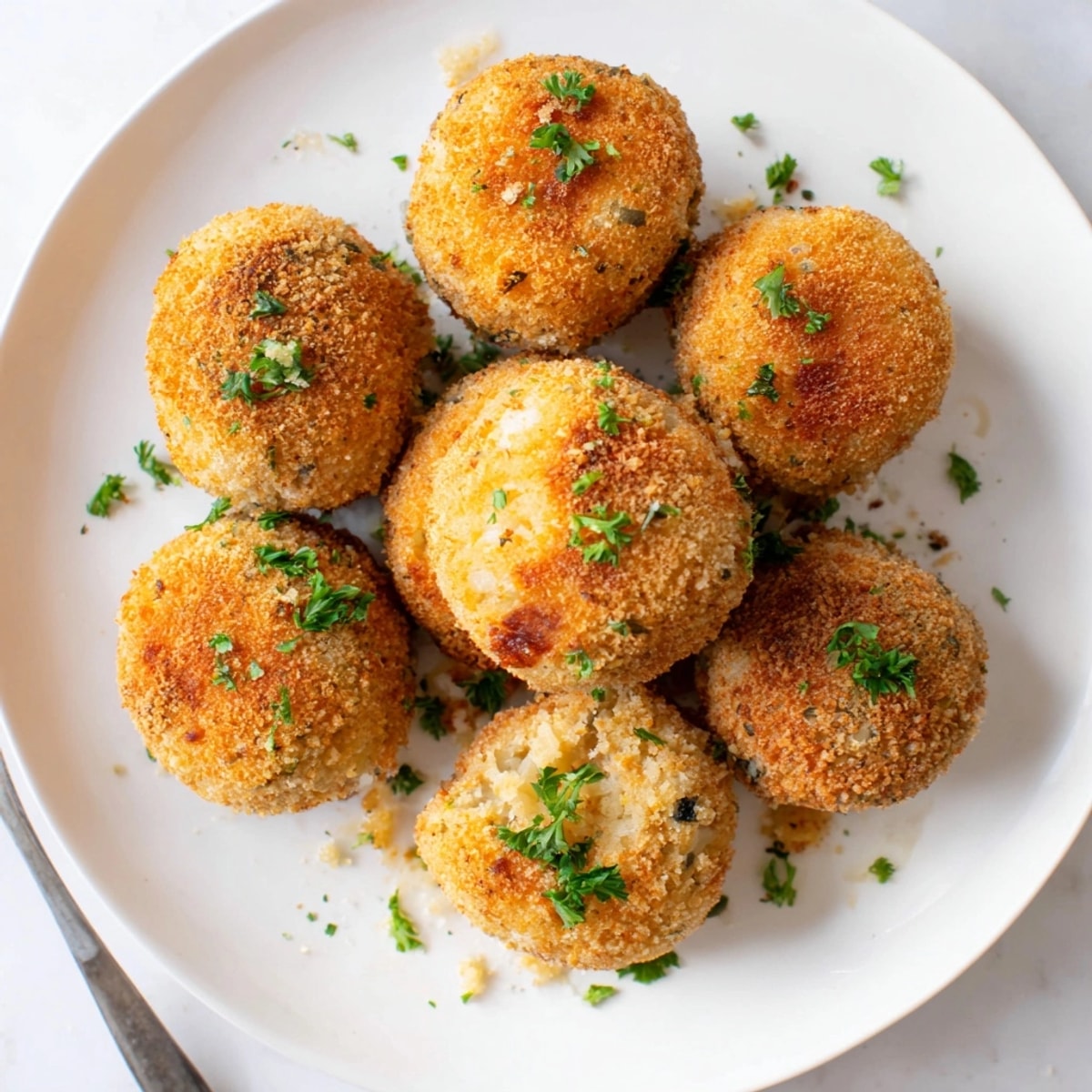 Closeup of crispy, golden brown Cheesy Garlic Potato Rice Balls, fresh from fryer.