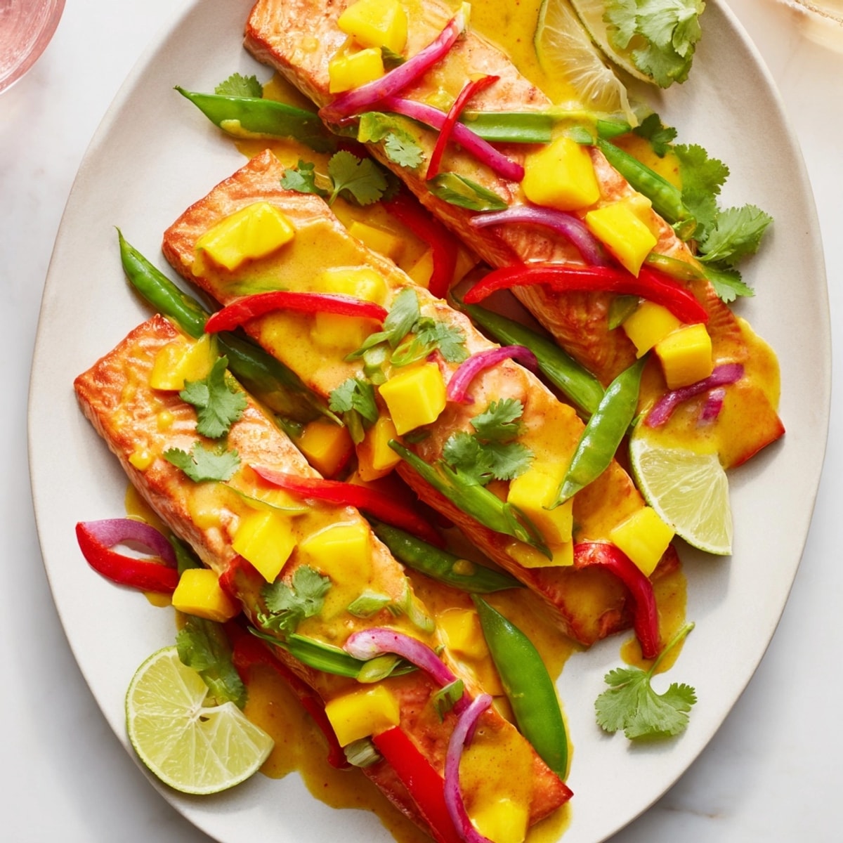 Golden, flaky Mango Lime Salmon Sheet Pan with bright peppers, onion, and mango.