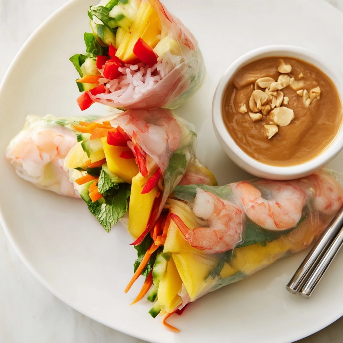 Delicate rice paper wraps showcase glistening Shrimp and Mango Spring Rolls, ready to eat.