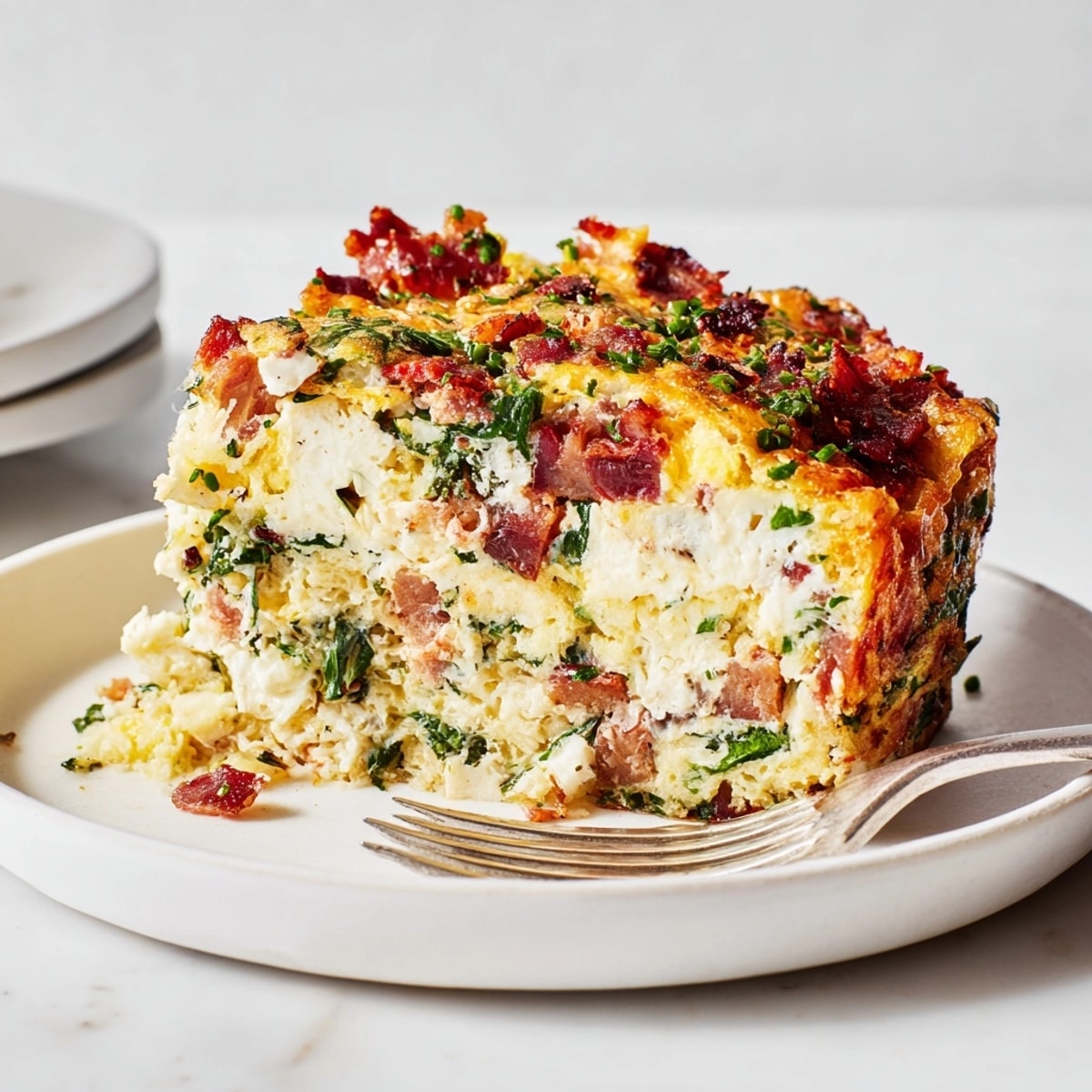 A savory slice of Ricotta Herb Bacon Frittata with melted cheese and crispy bacon bits.