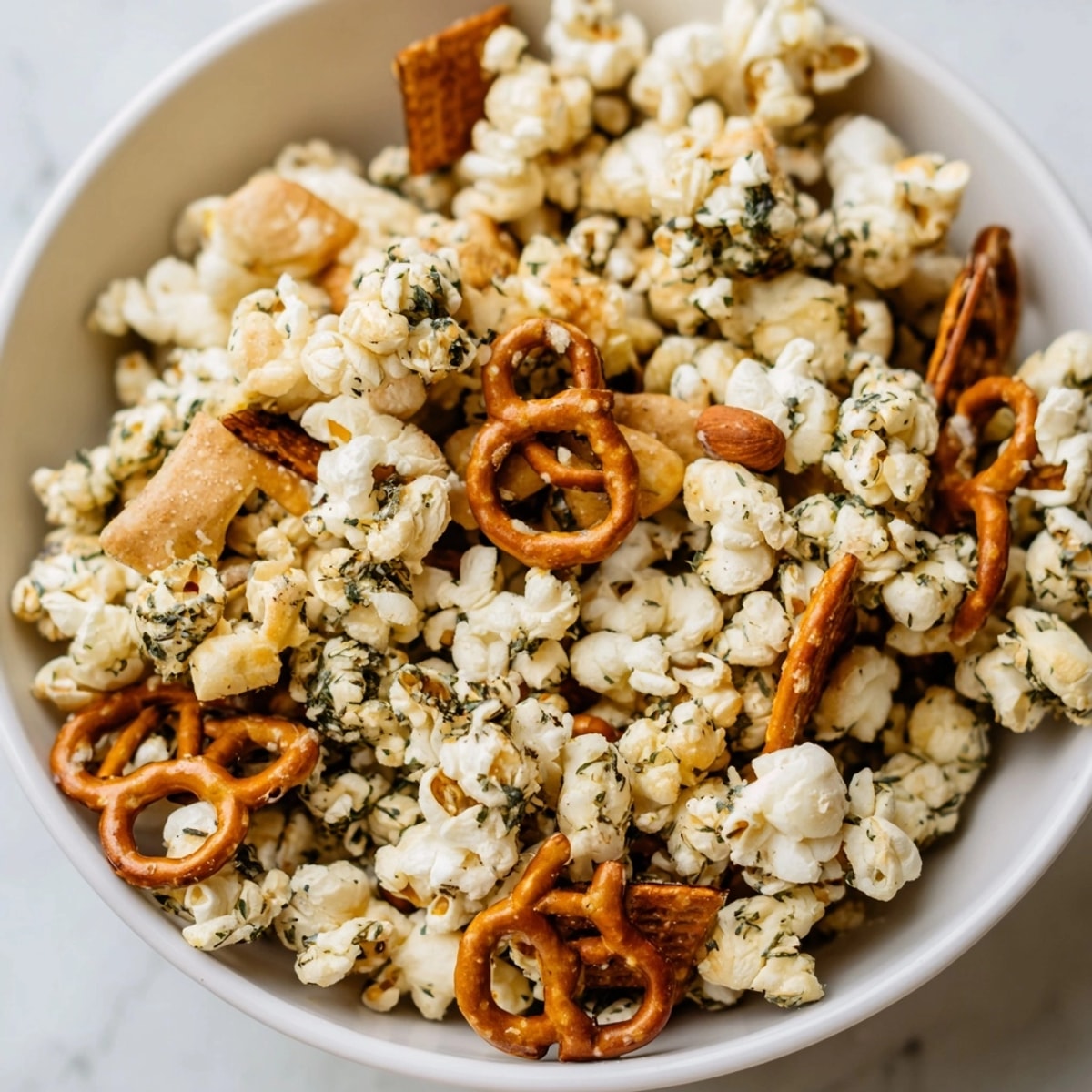 Golden Garlic Herb Popcorn Snack Mix, aromatic with garlic, ready for a movie night.