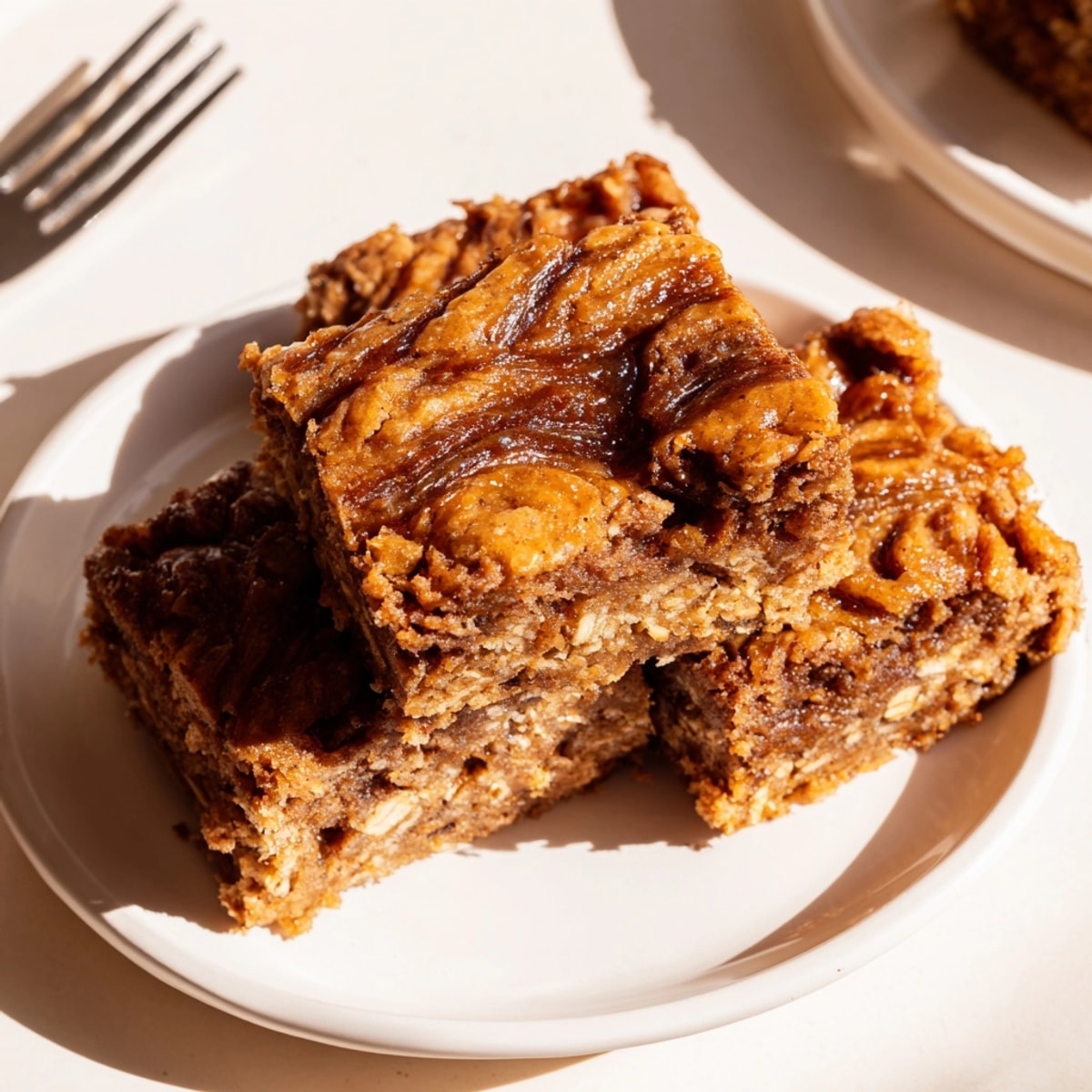Close-up shows soft, chewy Cinnamon Swirl Oatmeal Blondies with a delicious swirl pattern.