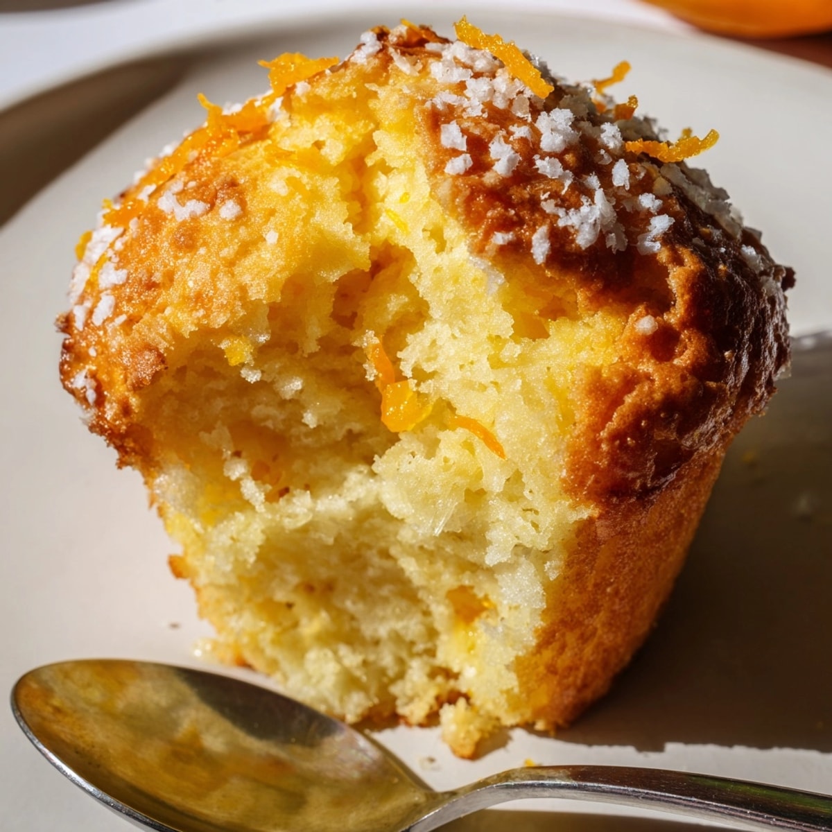 Golden Ricotta Orange Twist Muffins, fresh from the oven, sprinkled with coarse sugar.