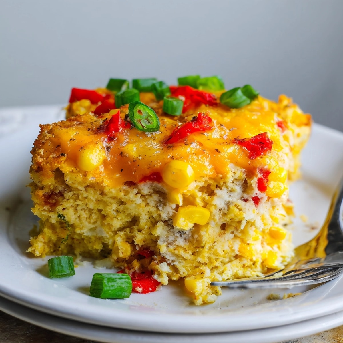 Golden, bubbly Cheesy Cajun Cornbread Casserole, fresh from the oven, reveals peppers and melted cheddar.