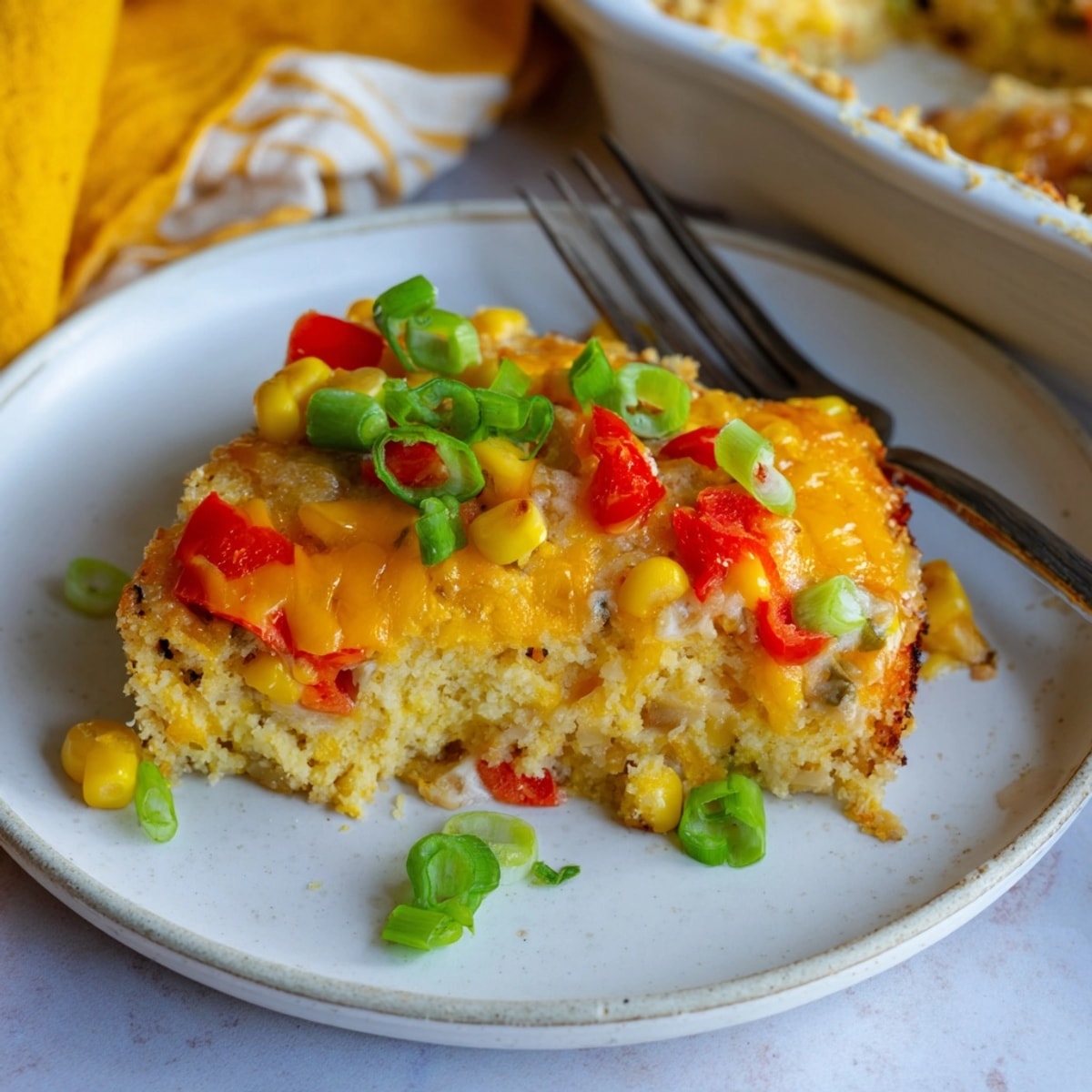Close-up of warm Cheesy Cajun Cornbread Casserole, showcasing moist texture and flavorful vegetable flecks within.