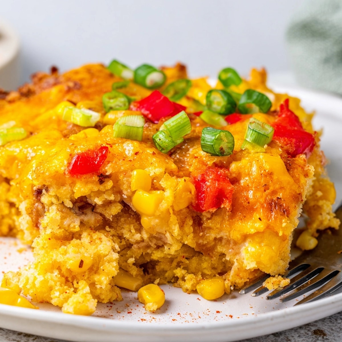 Scooping a serving of comforting, homemade Cheesy Cajun Cornbread Casserole—savory, cheesy, slightly spicy.