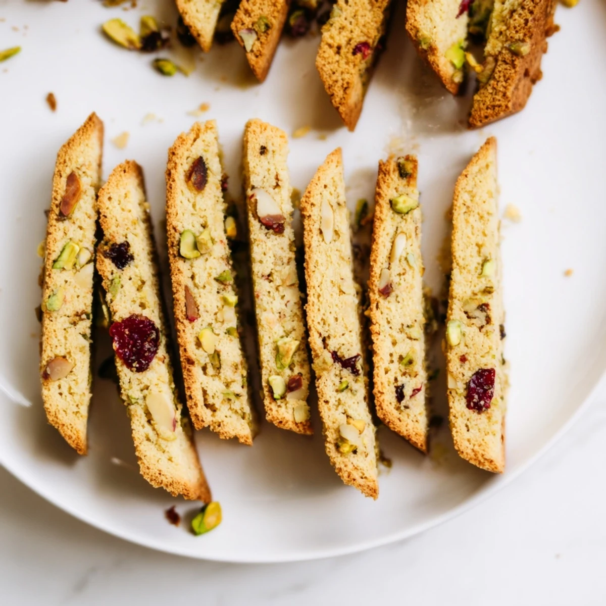 Crisp festive holiday snack biscotti thins infused with assorted dried fruits and nuts.  