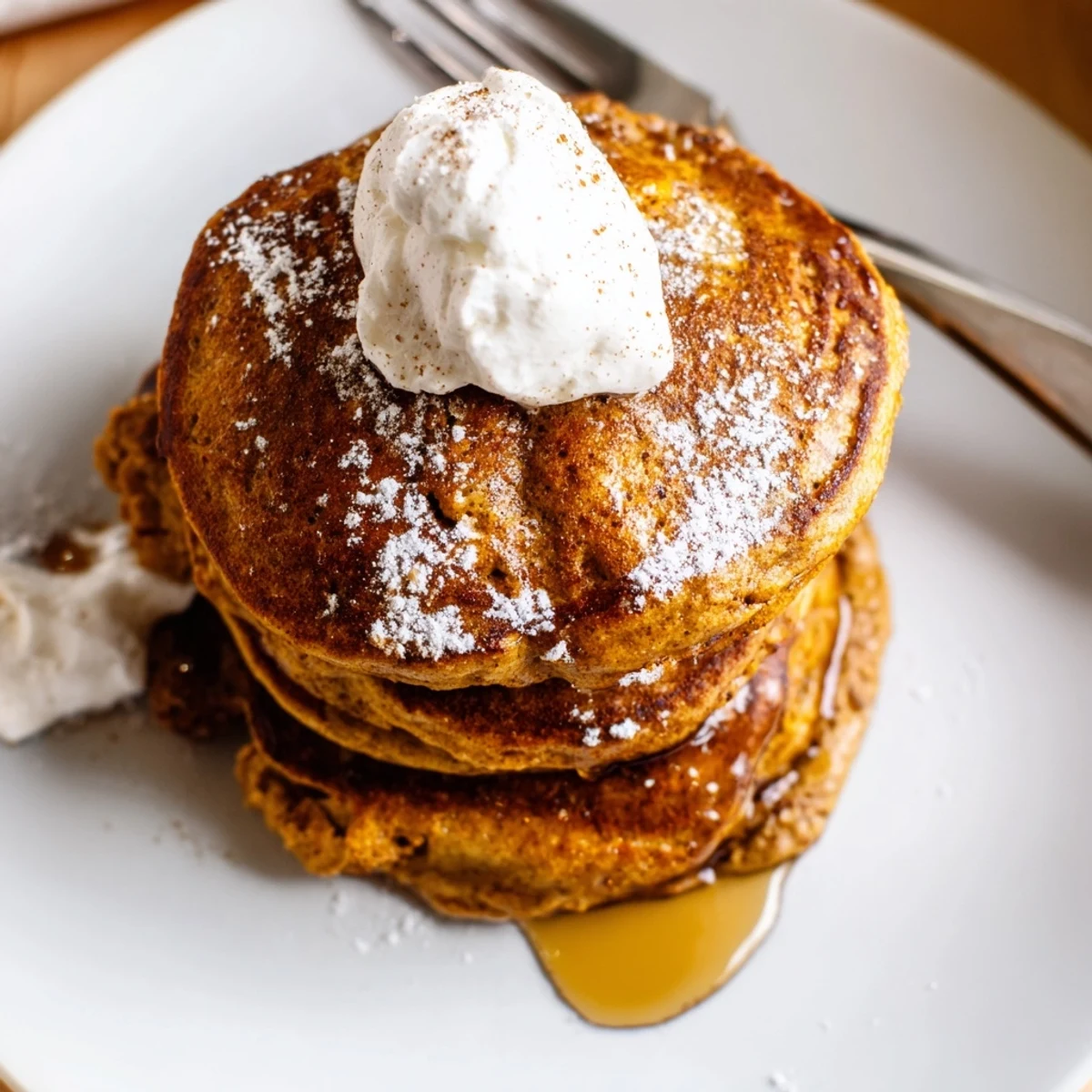 A stack of Gingerbread Pumpkin Muffin Pancakes, warm with spices and rich pumpkin flavor.