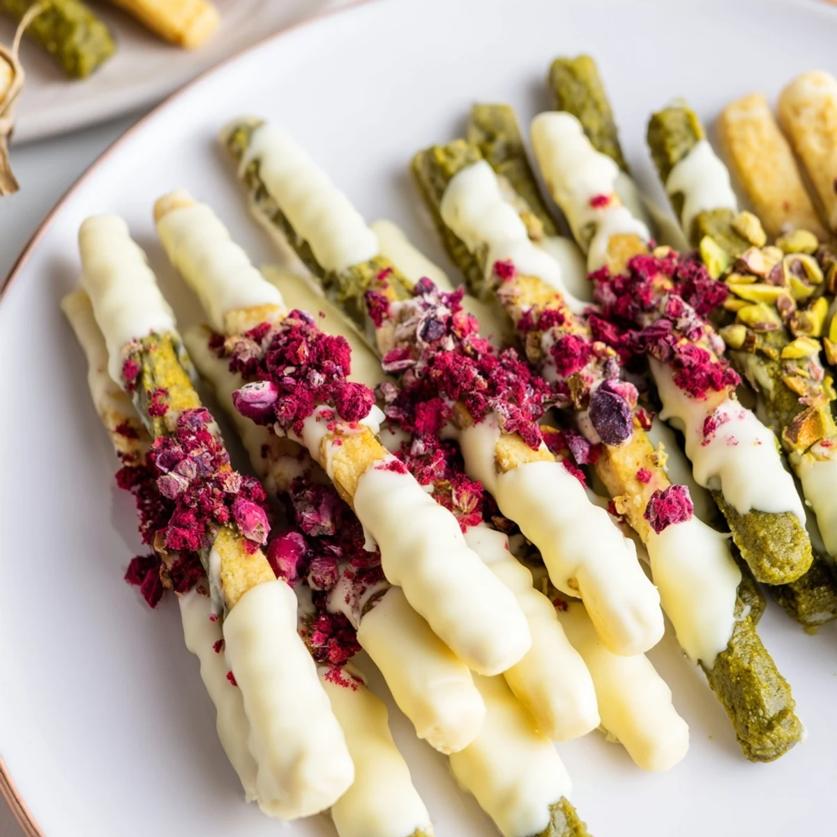 Buttery matcha cookie sticks elegantly arranged on a charcuterie board with fruits.  