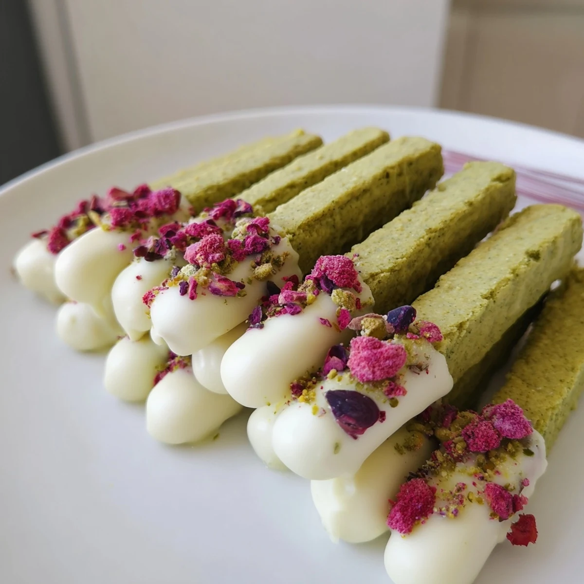 Deliciously crisp matcha-flavored cookie sticks complementing cheeses and vibrant fruits.  