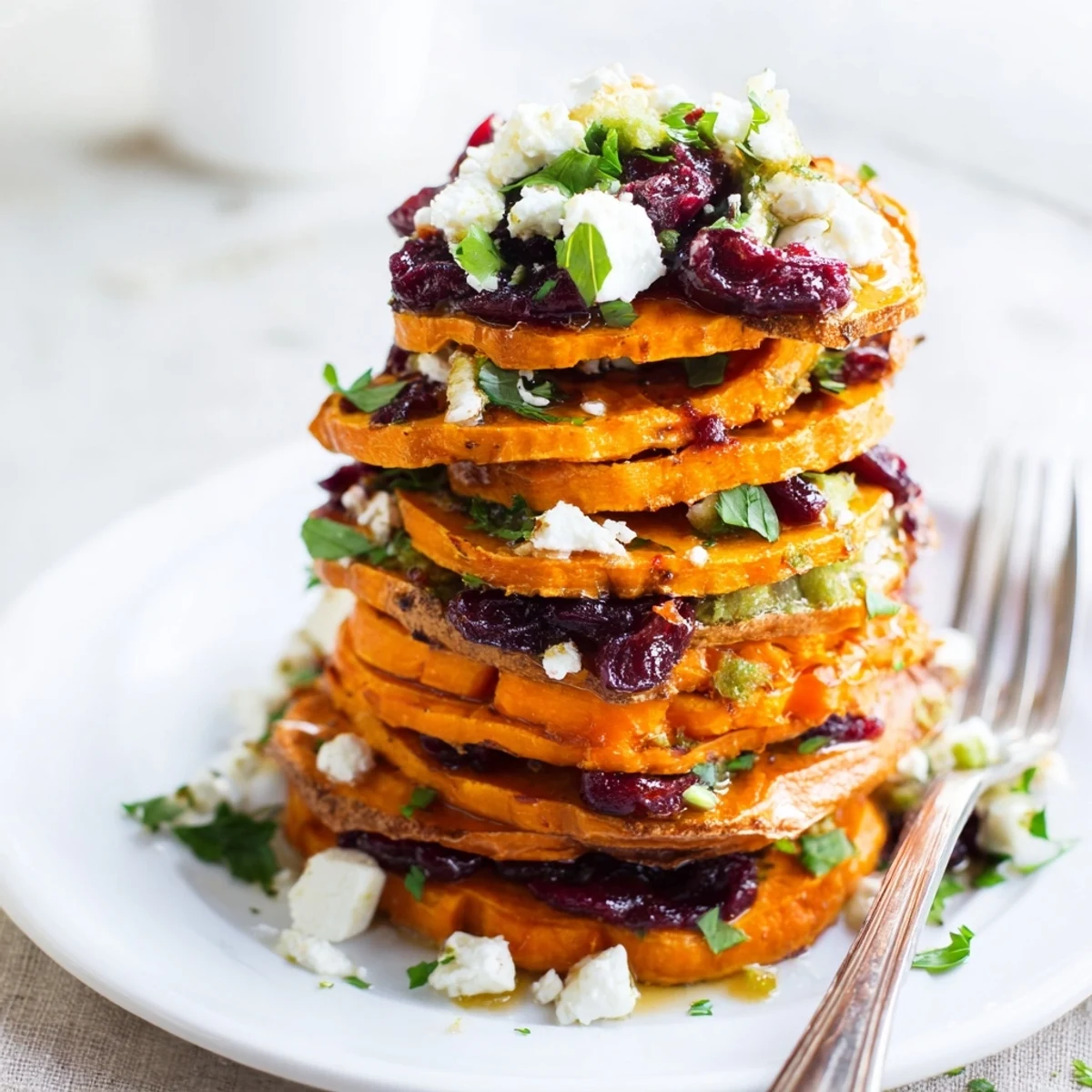 Layers of sweet potato topped with creamy cranberry jalapeño dip and herbs.  