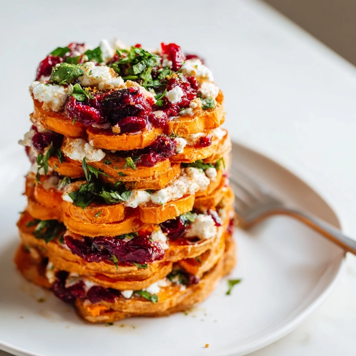 Colorful sweet potato stacks with zesty cranberry jalapeño dip, perfect for parties.