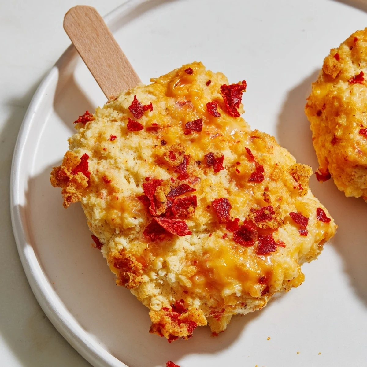 Savory Flamin Hot Spicy Cheddar Biscuit Pops, brushed with butter and topped with spice.  