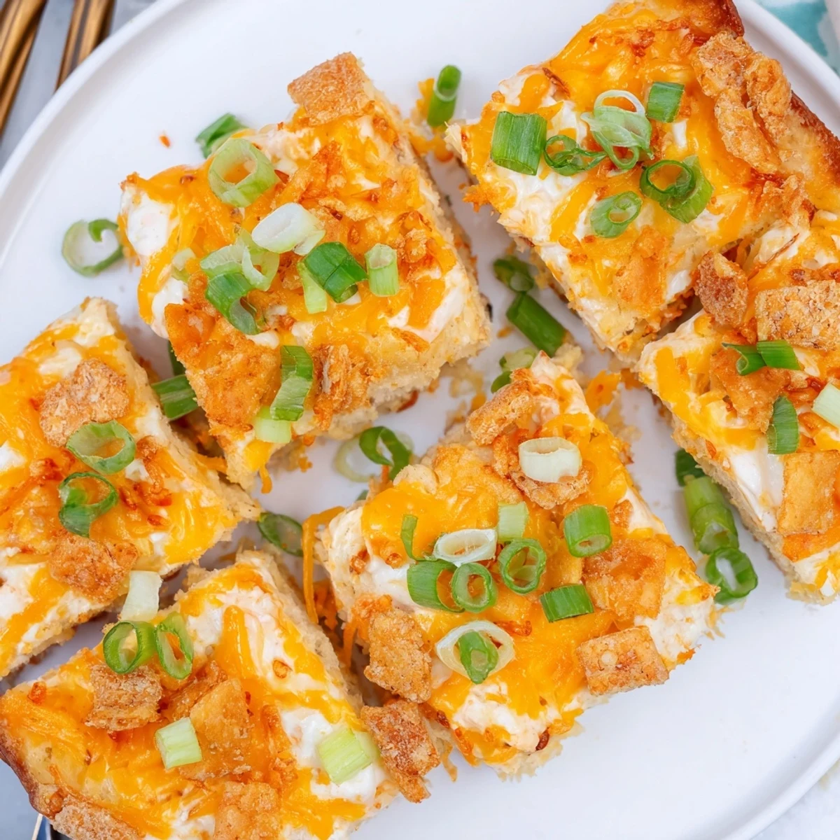 Buttery Buffalo Ranch Flaky Pretzel Biscuit Bars topped with crispy pretzels and cheese.  