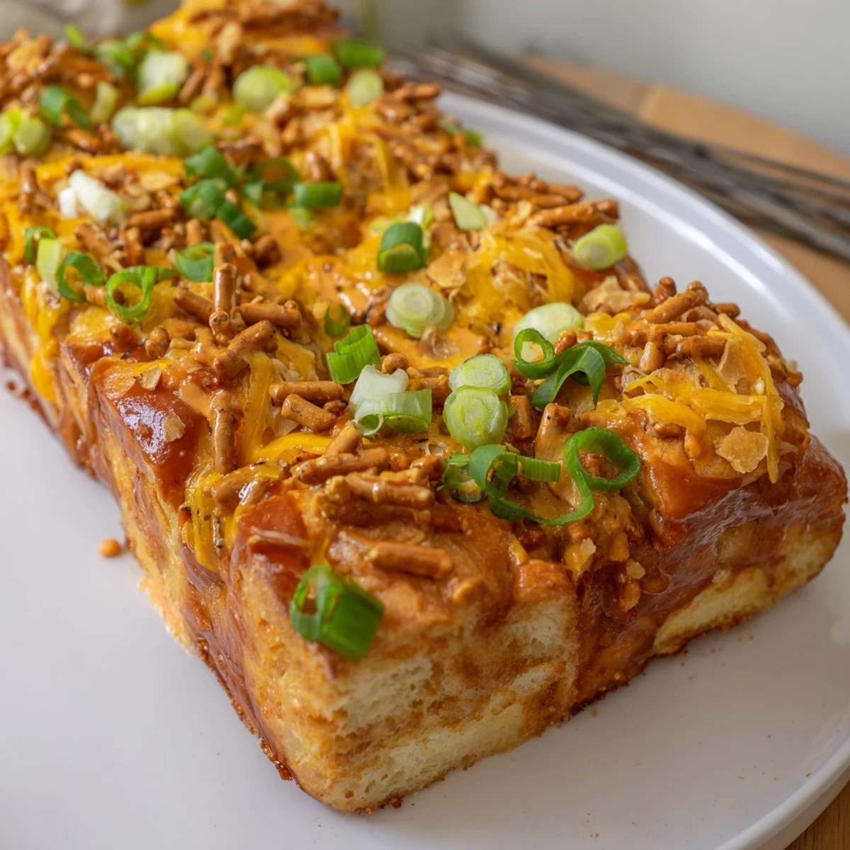 Golden Buffalo Ranch Flaky Pretzel Biscuit Bars layered with creamy ranch and cheese.