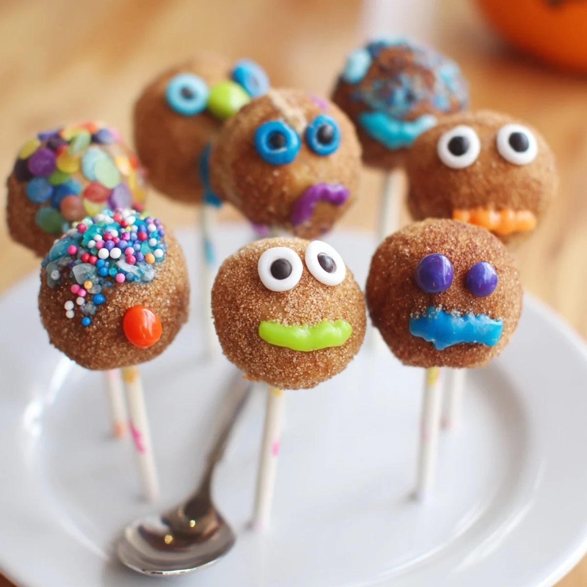 Whimsical Cinnamon Sugar Monster Cake Pops on a colorful plate, ready for parties.