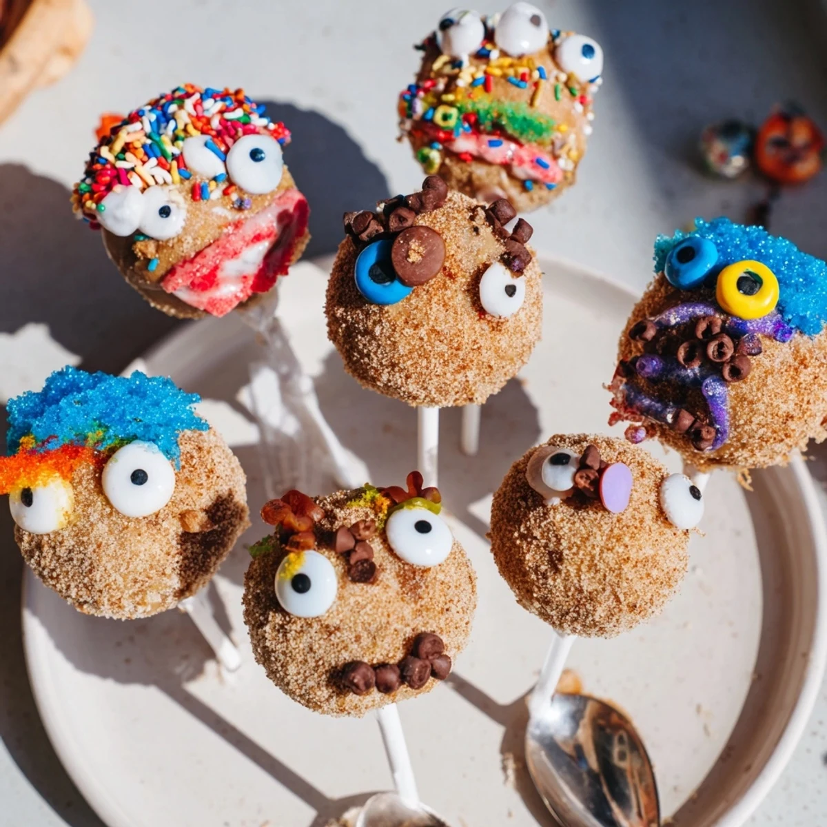 Delightful Cinnamon Sugar Monster Cake Pops decorated with candy eyes and sprinkles.