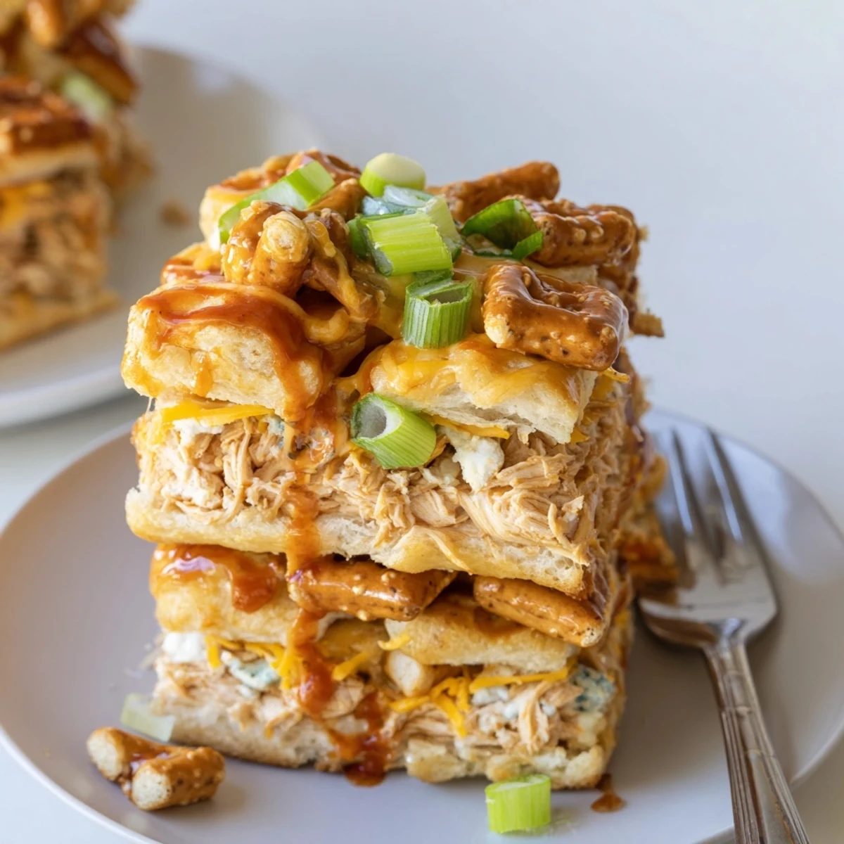 Buttery Buffalo Ranch Flaky Pretzel Biscuit Bars topped with crunchy pretzels and cheese.