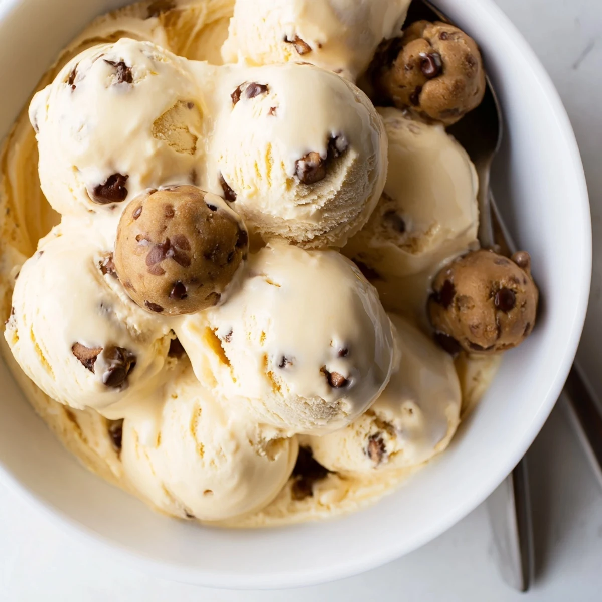 Indulge in cottage cheese ice cream swirled with sweet chocolate chip cookie dough.  