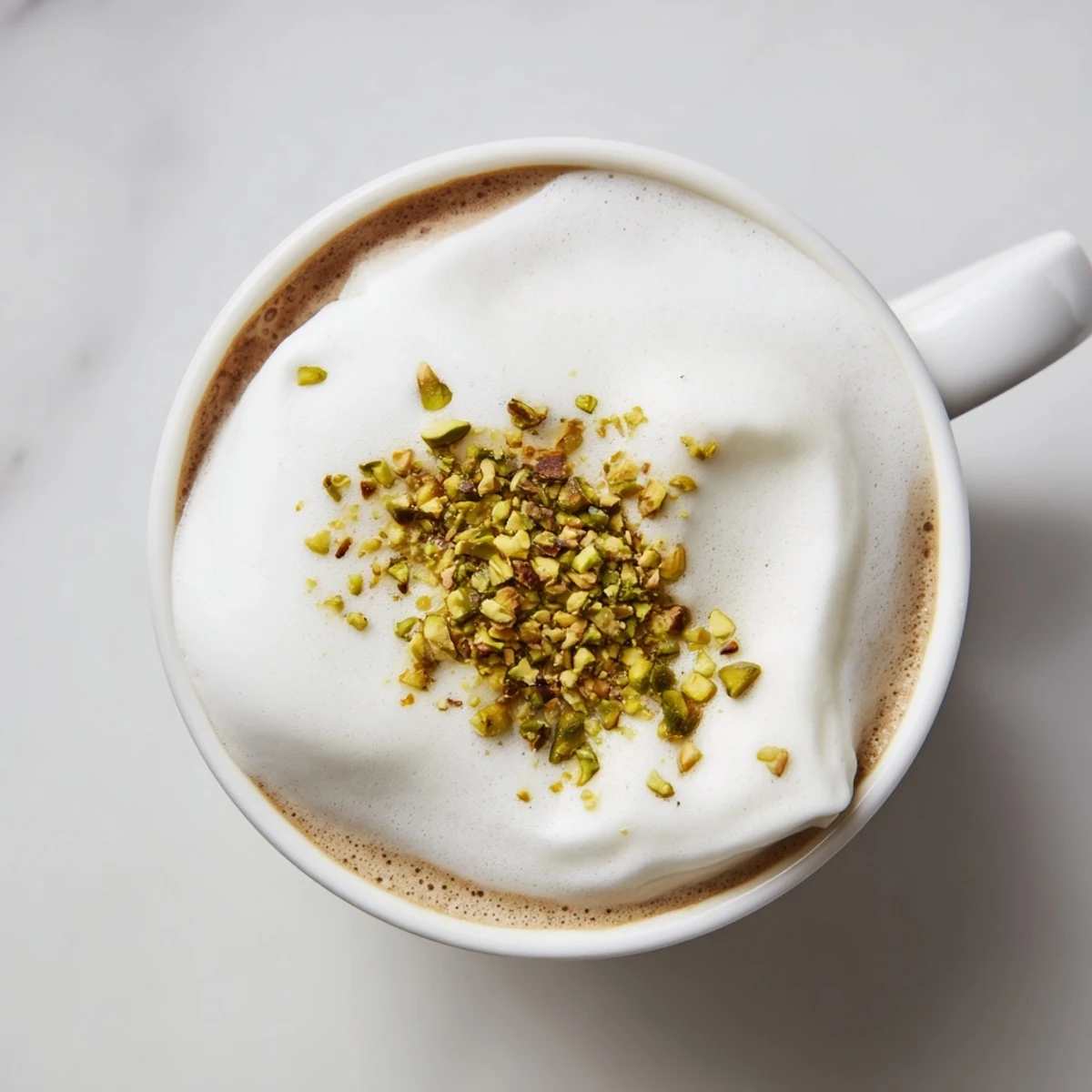 A creamy pistachio milk latte topped with crushed nuts and warm froth.  