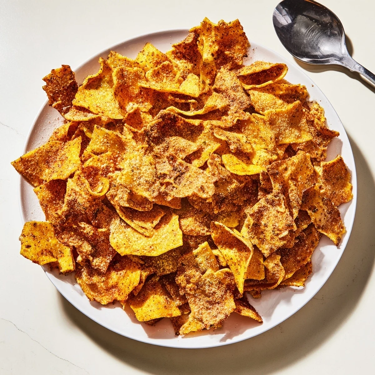 Crispy pasta chips seasoned with garlic and smoked paprika, perfect for snacking.  