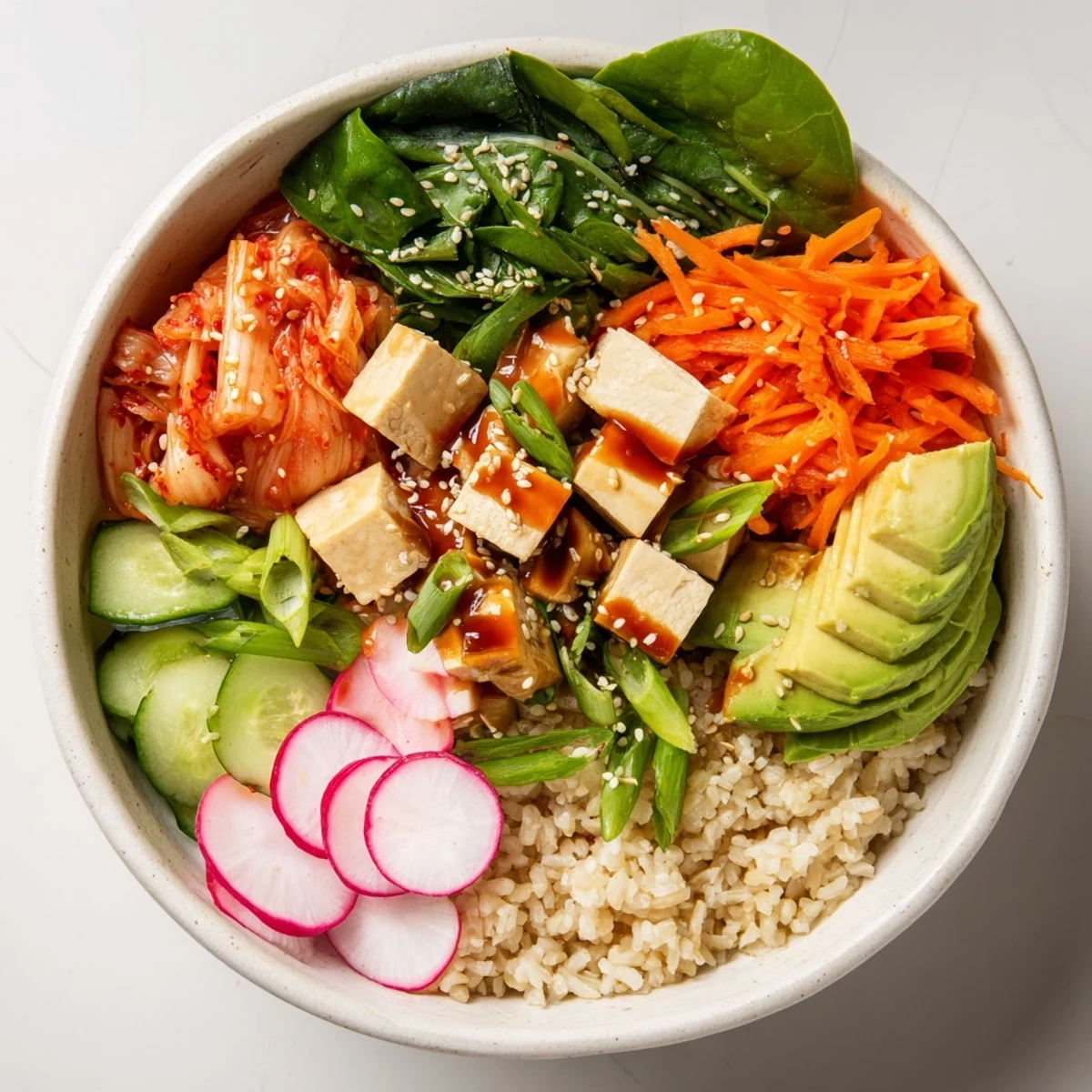 Vibrant Fermented Vegetable Bowl with kimchi, fresh veggies, and hearty grains ready to serve.  