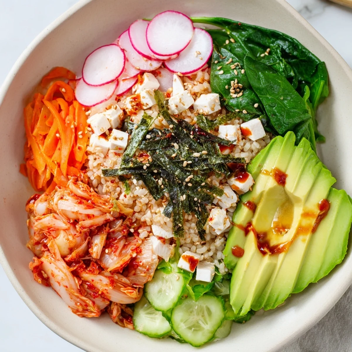 Wholesome Fermented Vegetable Bowl topped with kimchi, fresh greens, and a zesty dressing drizzle.