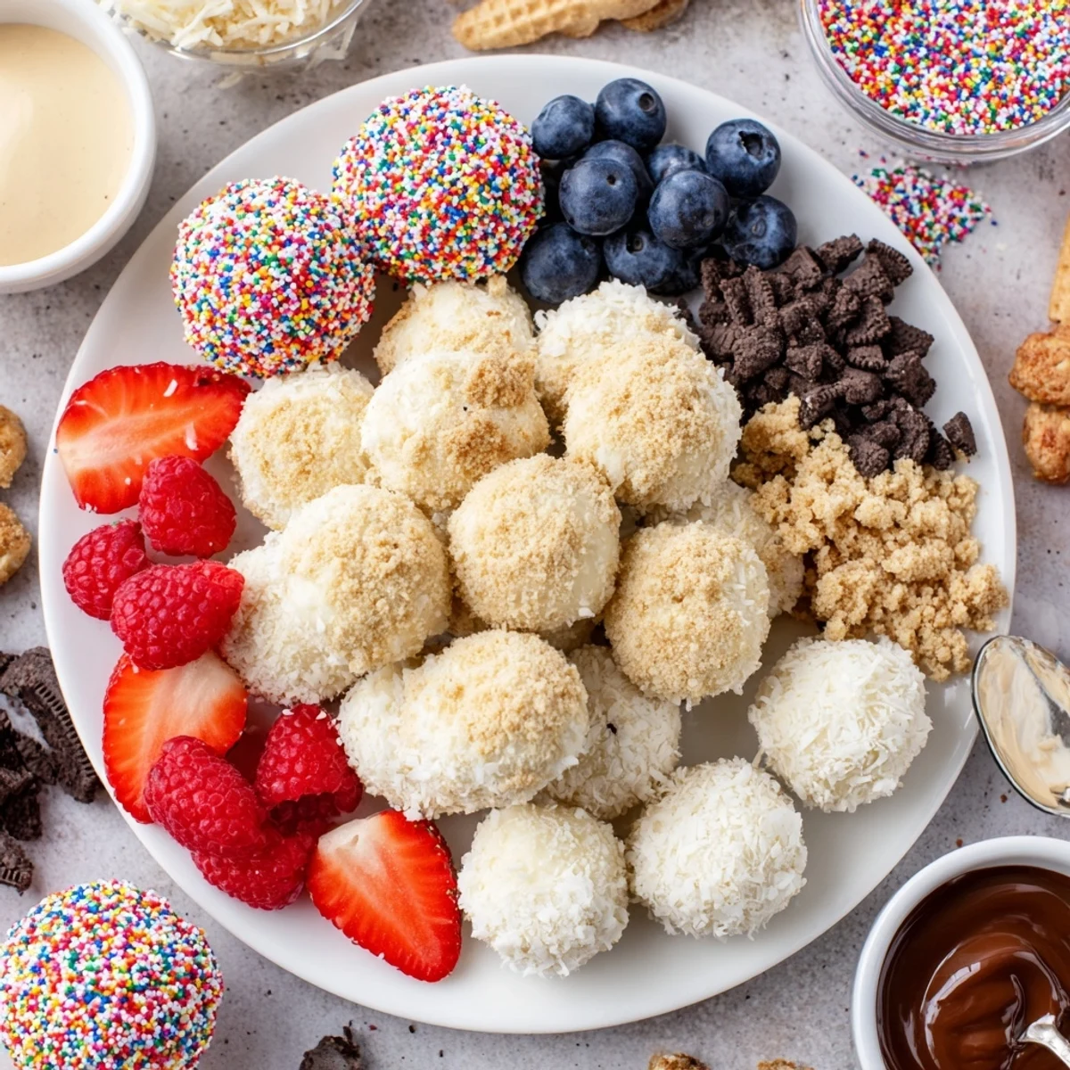 Interactive dessert board with cheesecake bites, drizzled caramel, and colorful sprinkles.  
