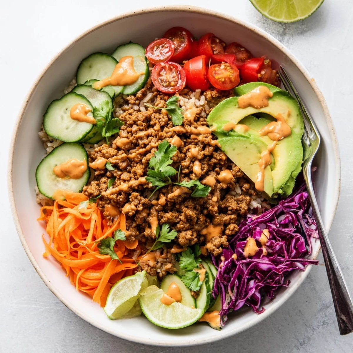 A colorful plant-based meat bowl topped with fresh veggies and zesty sauce.  