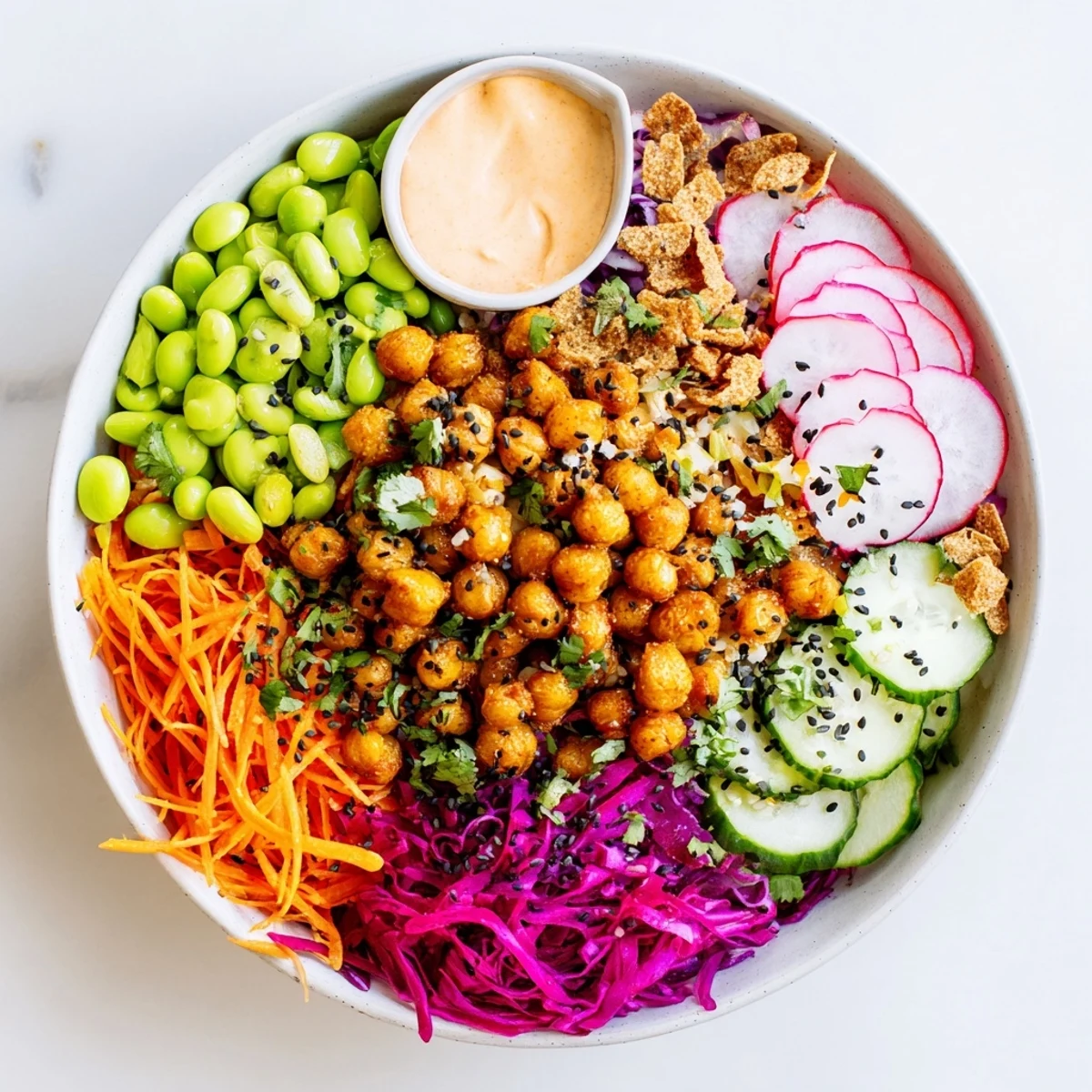 Delicious ASMR Crunch Snack Bowls topped with crispy chickpeas and fresh herbs.  