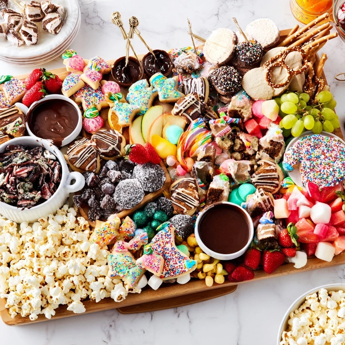 Colorful dessert boards with themed snacks, perfect for festive gatherings and sharing.  