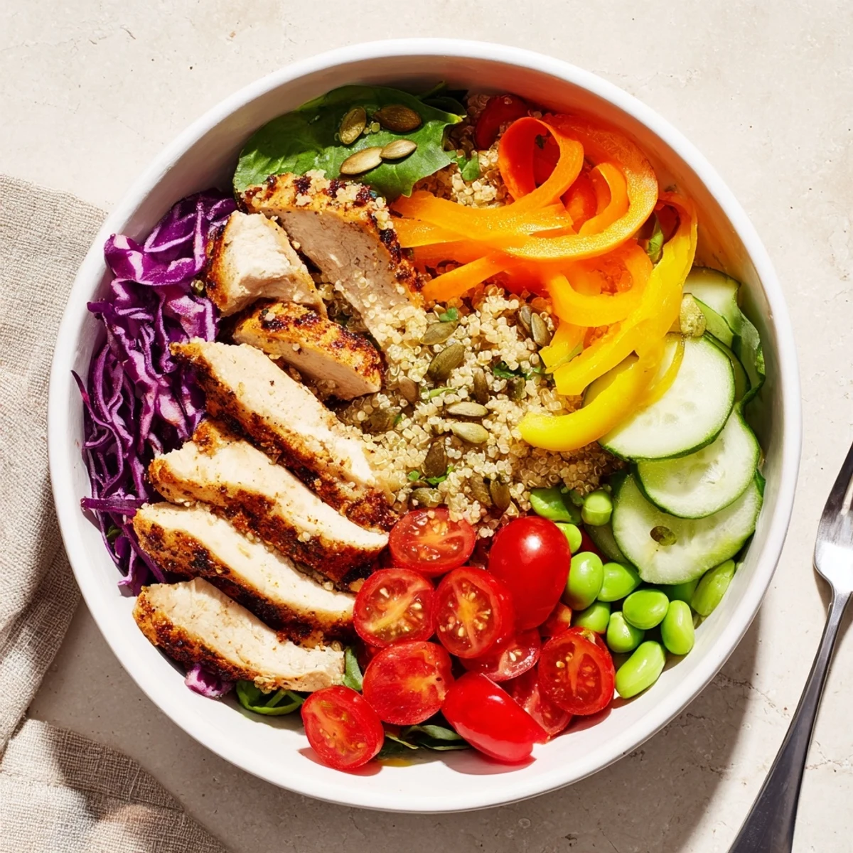 Vibrant healthy meal-prep bowls featuring colorful layers of veggies and grains.  