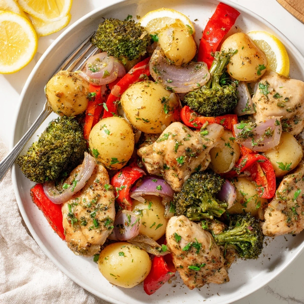 Crispy chicken thighs and vibrant veggies in this Lazy Gourmet One-Pot recipe delightfully merge.  