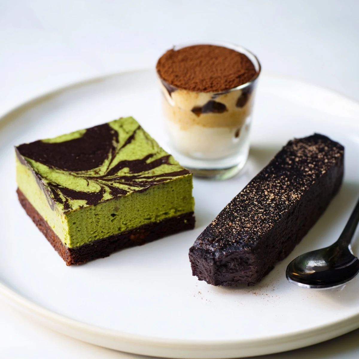Delicious matcha-miso brownies, rich chocolatey texture with vibrant green swirls.  