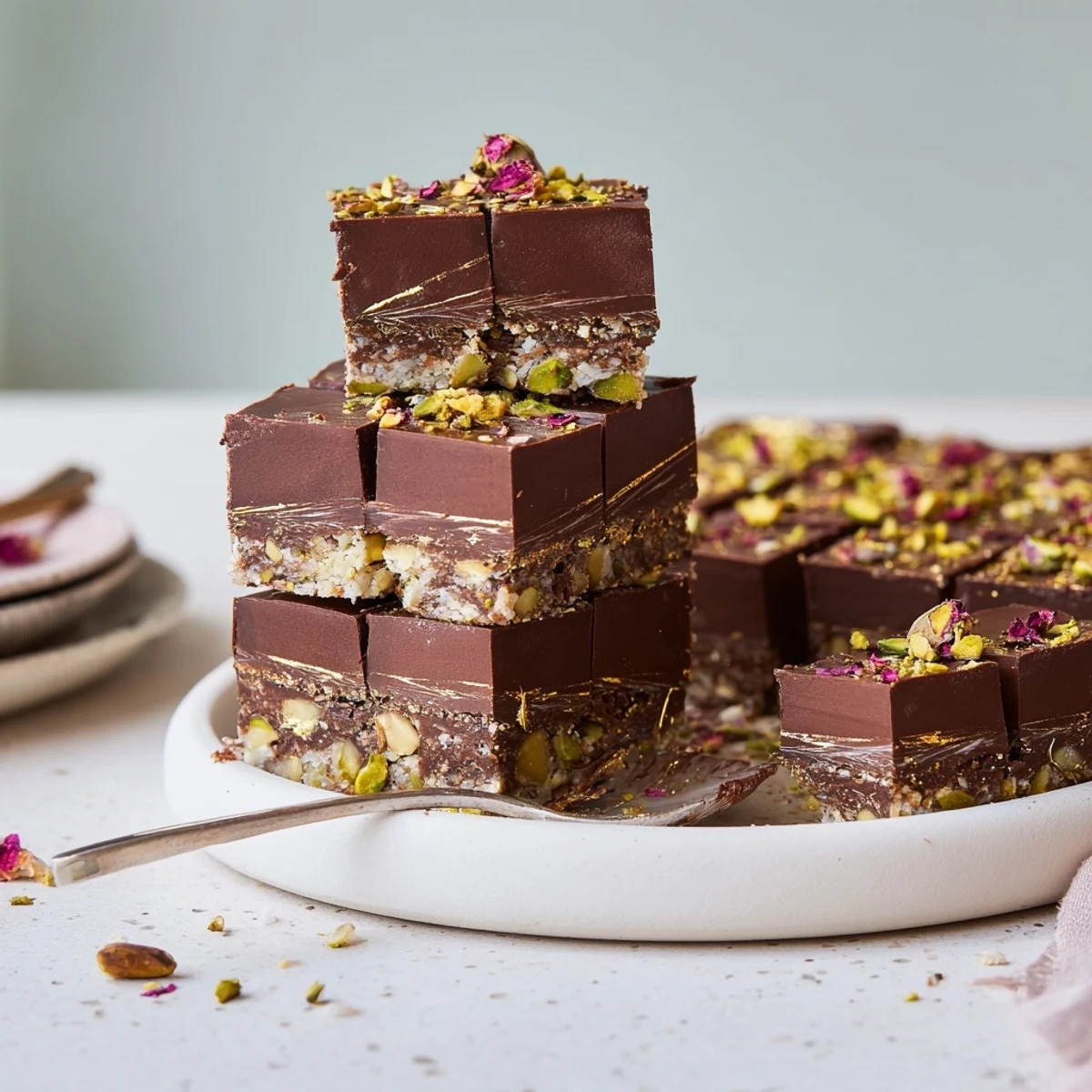 Decadent chocolate bar inspired creations layered with crunchy pistachios and coconut flakes.  