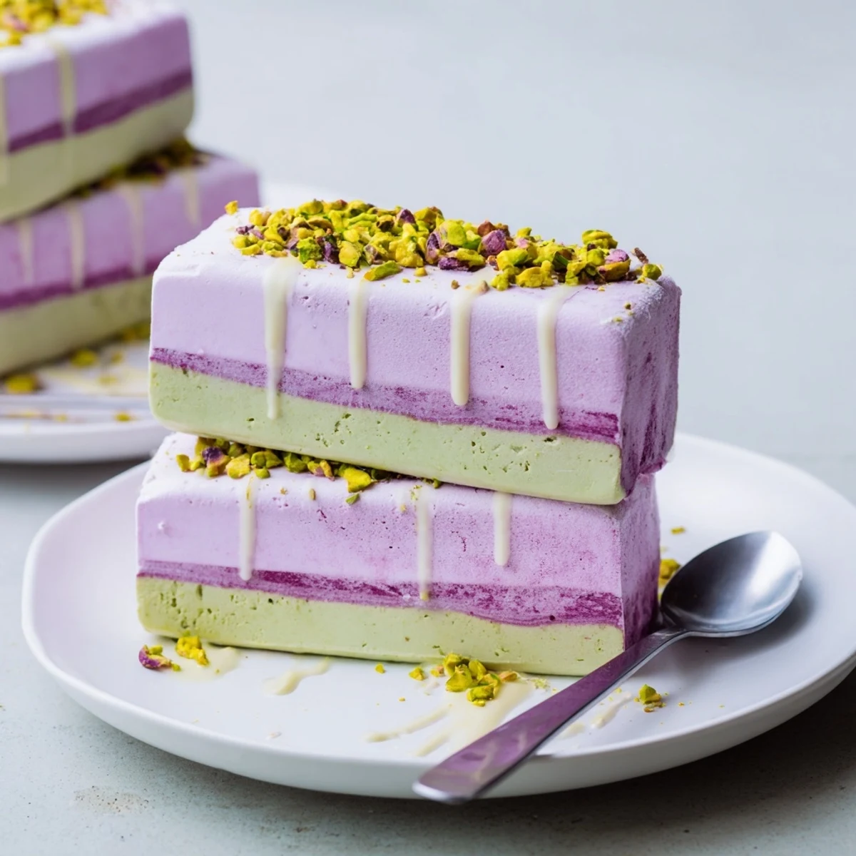 Creamy ube and pistachio ice cream bars served with a drizzle of condensed milk.